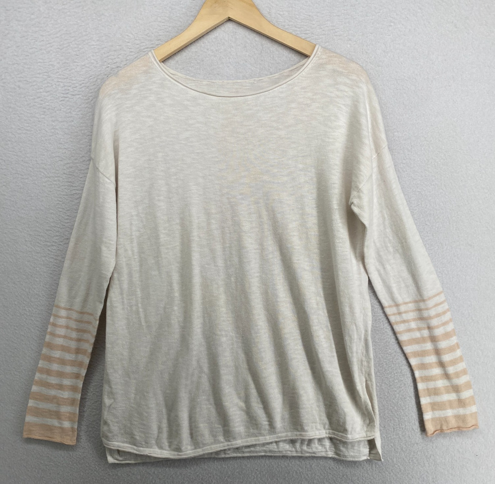 VINCE Sweater Womens S Slub Cotton Striped Cuff Sleeve Pullover Top Off White